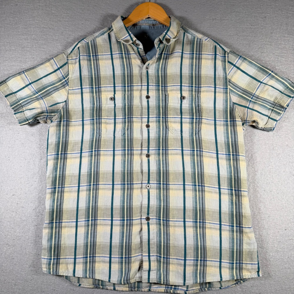 Kuhl Mens XL Short Sleeve Linen Cotton Plaid Button Down Shirt 7218 Blue Green
